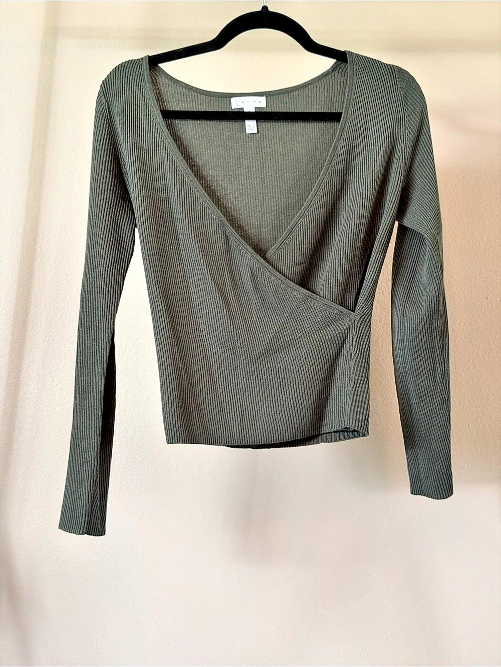 Leith Ribbed Wrap Crop Top Olive Green Long Sleeve